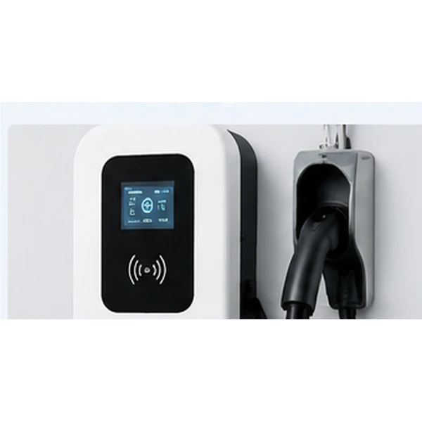 AC EV charging station with display and charging connector